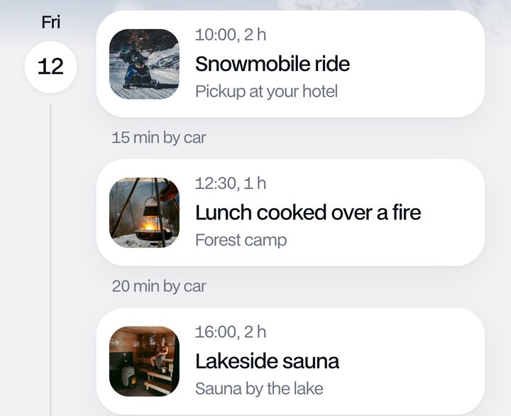 A day in Aino with drive times between activities