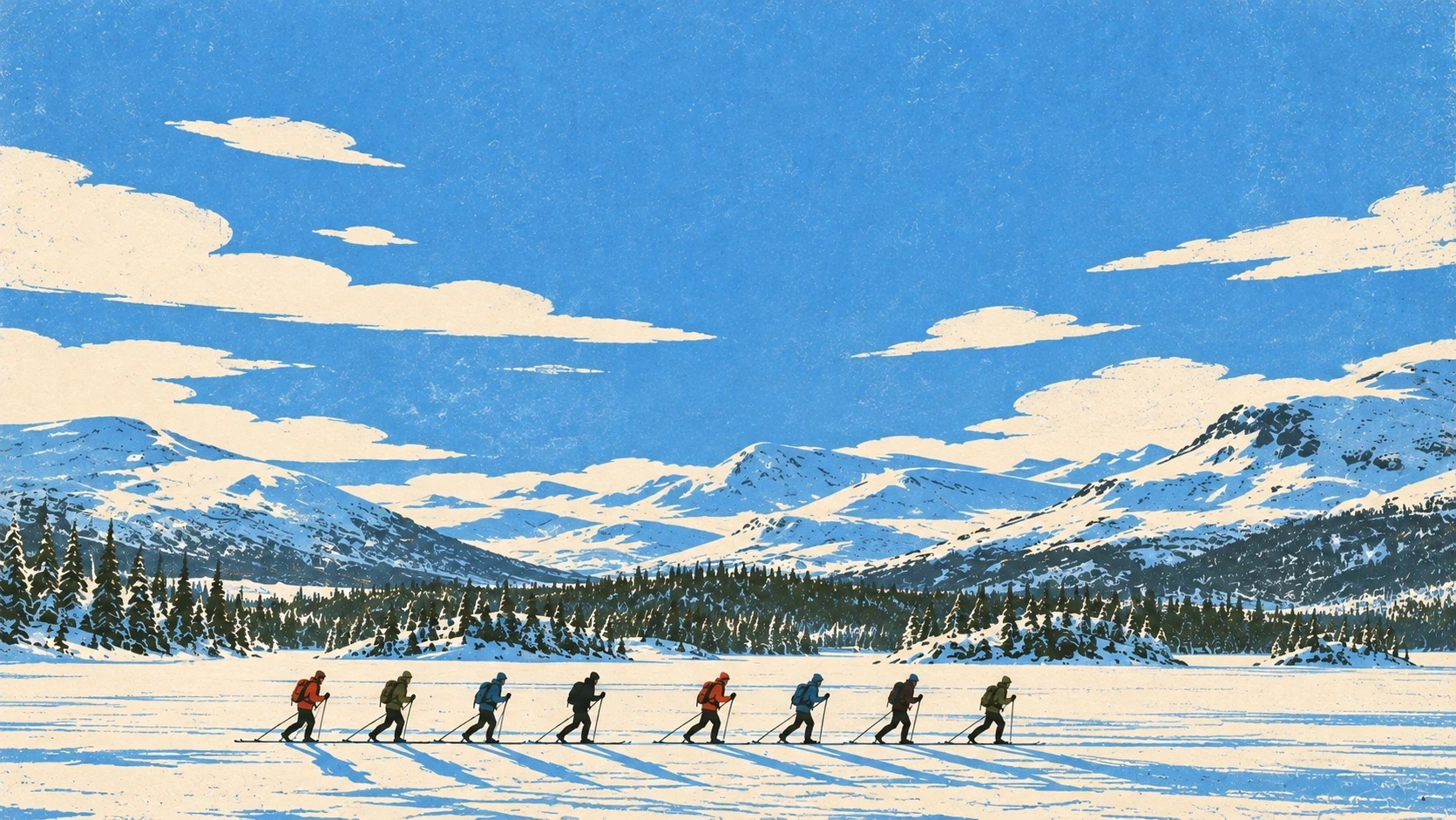 An illustration of a group of cross-country skiers crossing a frozen lake below snowy fells